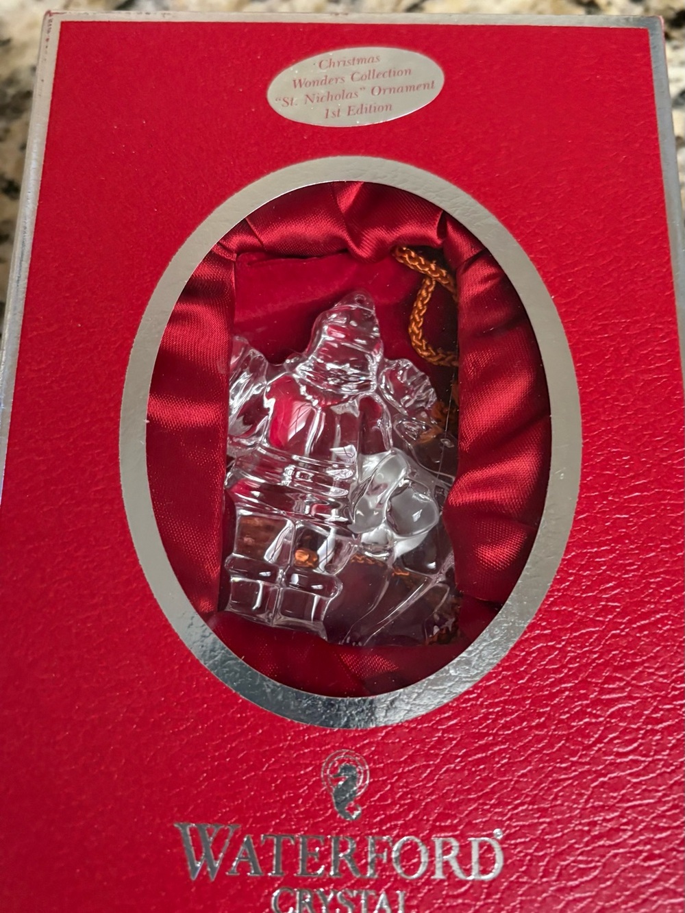 Waterford Crystal Clear Santa Ornament with Red Box and Gold Cord
